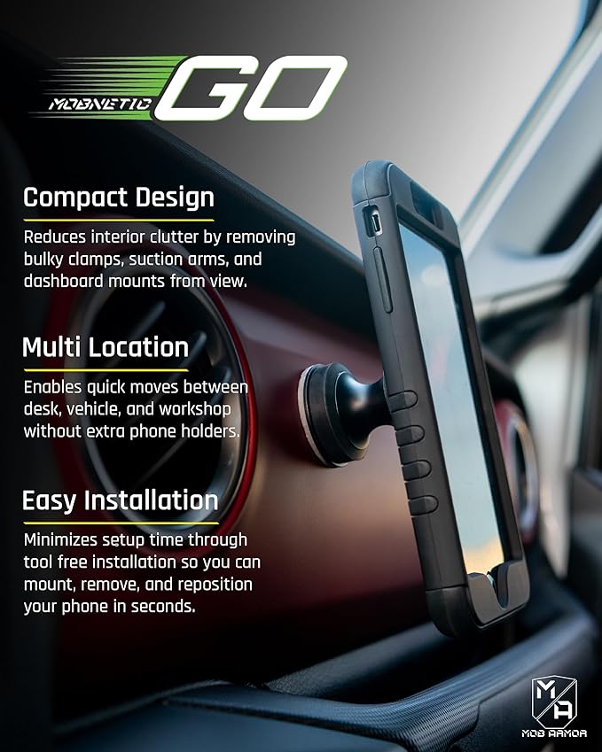 Mob Armor MobNetic Go Magnetic Phone Car Holder with Metal Plate - Strong Magnetic Base, Aircraft Grade Aluminum, Car Dashboard & Metal Surface Mount, Compatible with iPhone and Android Smartphones