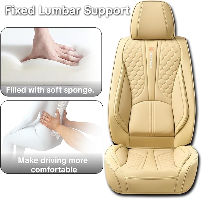 Wertigen Beige Leather Car Seat Covers - Luxury Waterproof Car Seat Protectors with Lumbar Support, Non-Slip Base, Airbag Compatibility, Easy Installation and Cleaning