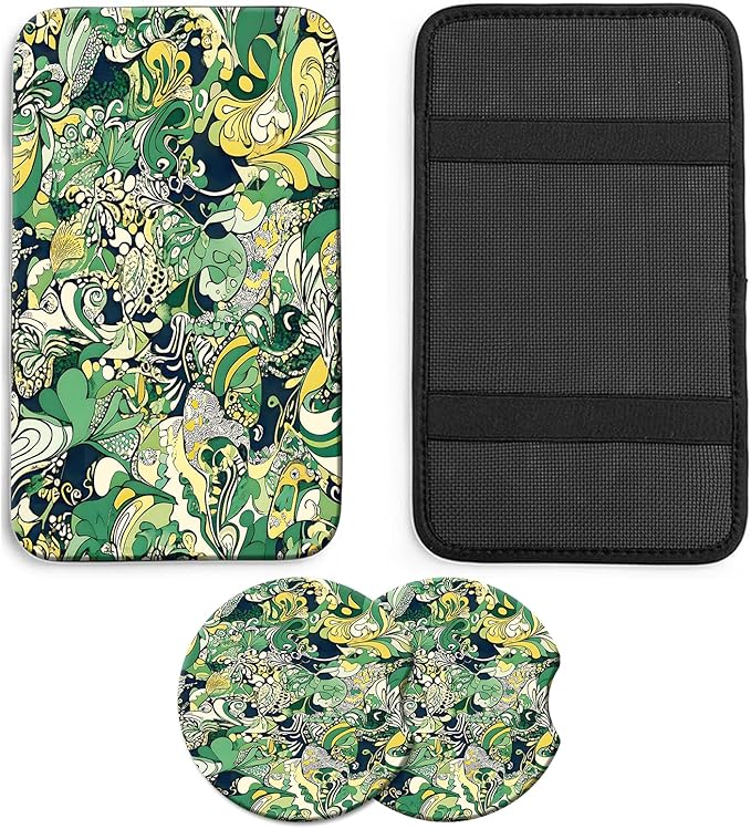 JANENFNA Car Armrest Cover Pads Universal Fashion Cute Auto Center Console Armrest Cover Pad with 2PCS Car Coasters Soft Waterproof Car Armrest Seat Protector for Women,Spiral Flower