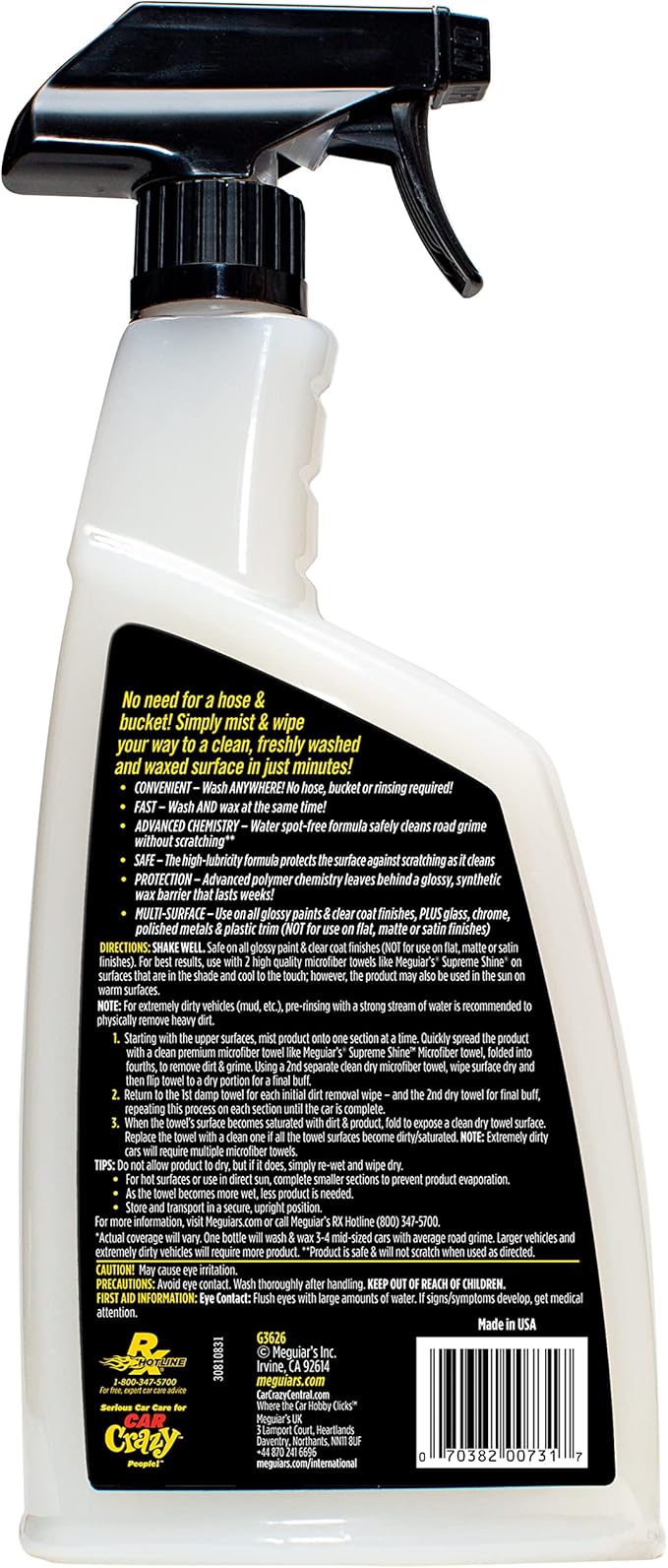 Meguiar's Ultimate Waterless Wash & Wax - High-Efficiency Car Care Solution for Shine and Protection, Ideal for Water-Free Car Cleaning and Quick Detailing, Perfect for Car Care Enthusiasts