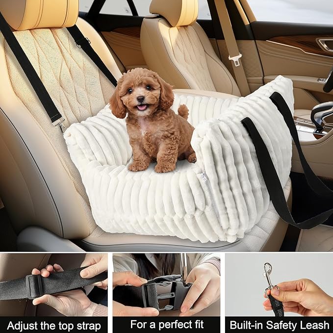 HOMLOVE Dog Car Booster Seat, for Small Dogs Under 30 lbs, Detachable Washable Travel Bed with Storage Pockets and Safety Belt (Beige, Medium)