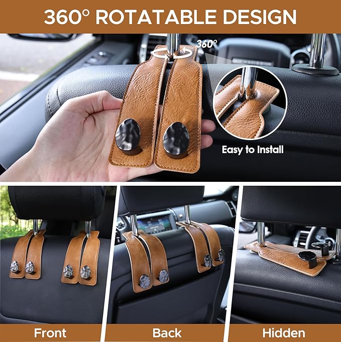 URIZZD 2PCS Leather Car Seat Hooks for Headrest, Vehicle Hanger Storage Organizer Universal for Handbag Purse, Car Accessories Gift (Brown-Black)