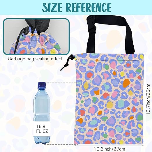 KXWQTRDD Car Garbage Bag Rainbow Colorful Leopard Drawstring Car Trash Bag Hanging for Back Seat with Adjustable Buckle Canvas Vehicle Trash Can Easy-to-Install