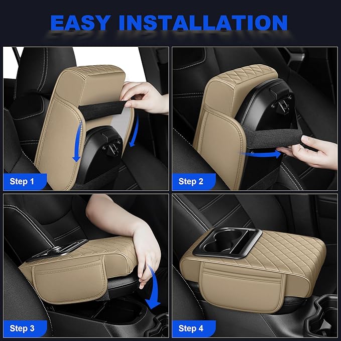 Center Console Cover Leather Armrest Cover Fit for Nissan Frontier 1998-2025 Middle Console Cushion with Storage Box&Cup Holder & Phone Slot(Beige)