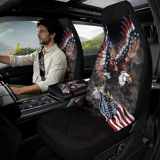 Qeluxign Air Mesh Car Seat Covers & Accessories American Flag Bald Eagle 5-Piece Set 2 Seat Covers, 2 Shoulder Belt Pads, 1 Console Pad PU Leather Car Interior Set for Women