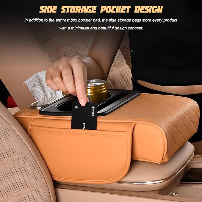 Car Center Console Armrest Pillow, Memory Foam Leather 4 in 1 Vehicle Arm Rest Cover with Tissue Box 2 Side Storage Bag Cup & Phone Holder, Auto Armrest Cushion, Universal Fit (Beige)