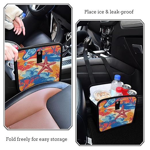 Car Trash Can Organizer Bin with Adjustable Strap for Back Front Seat Console Waterproof Leakproof Collapsible Portable 8.66 Inch Bright Summer Beach Starfish and Palm Tree