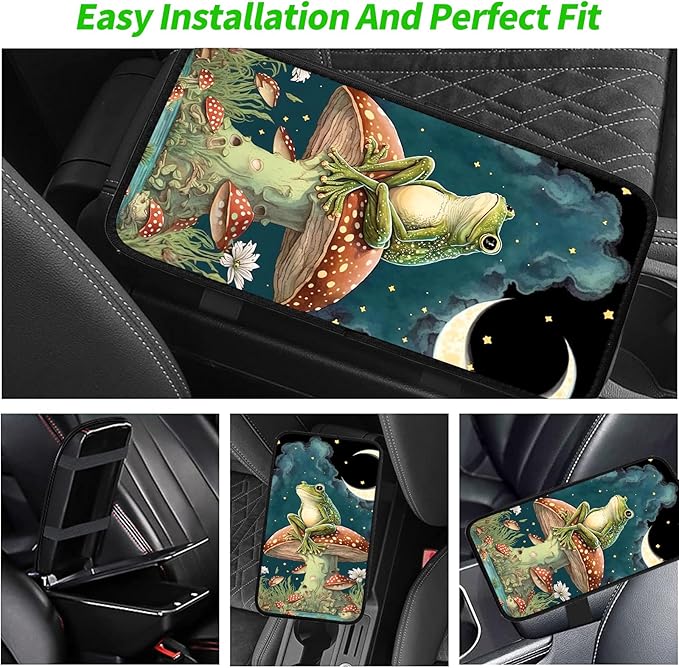 JANENFNA Car Armrest Cover Pads Universal Fashion Cute Auto Center Console Armrest Cover Pad with 2PCS Car Coasters Soft Waterproof Car Armrest Seat Protector for Women,Frog Sitting Mushroom