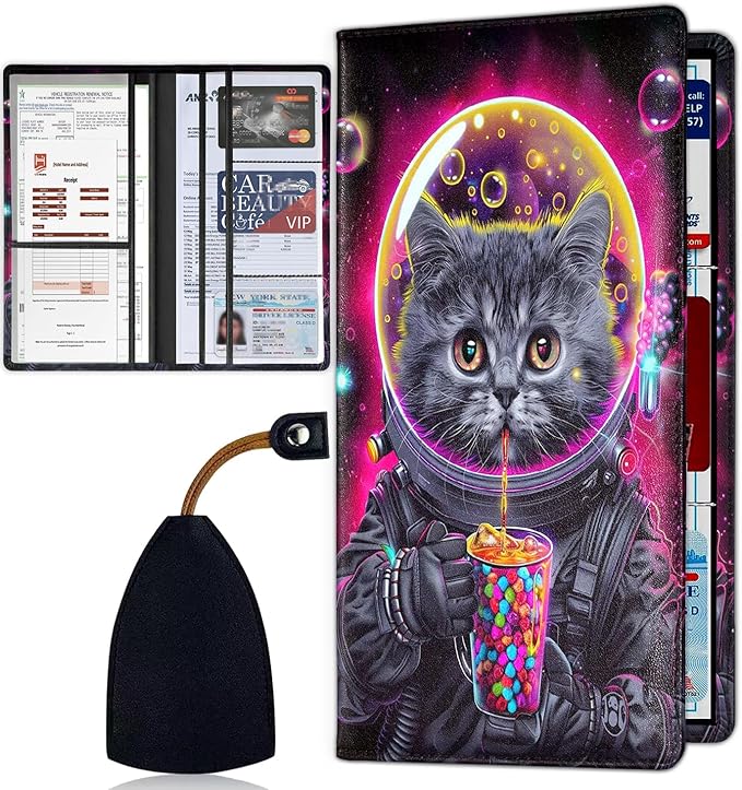 Car Registration and Insurance Card Holder for Women Men, Waterproof PU Leather Glove Box Car Organizer with Magnetic Shut, Vehicle Document Holder for Driver License,Cards, Astronaut Cat Bubble Tea
