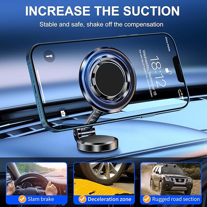 for Foldable Magsafe car Mount - 360° Base Rotating Car Dashboard Magnetic Cell Phone Holder, Powerful Magnet Car Phone Holder, Compatible with All Smartphones-MagSafe Car Accessories