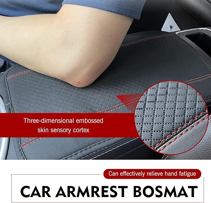 Hugwits Car Center Console Armrest Pad, 7.48" x 12.6" Leather Waterproof Armrest Box Mat with Straps, Wear-Resistant Car Center Console Seat Box Cover, Universal for Most Cars (Red Stitching)