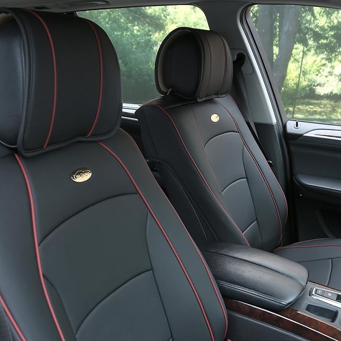 FH Group Front Set Faux Leather Car Seat Cushions - 2 Pack Seat Covers for Cars Trucks, SUV, Waterproof Car Seat Cover, Universal Fit, Black Red Trim