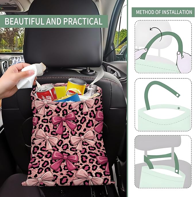Cute Car Trash Can, Hanging Canvas Car Back Seat Organizer and Storage Bag, Funny Car Trash Bag for Travelling, Outdoor Cute Pink Leopard Bow