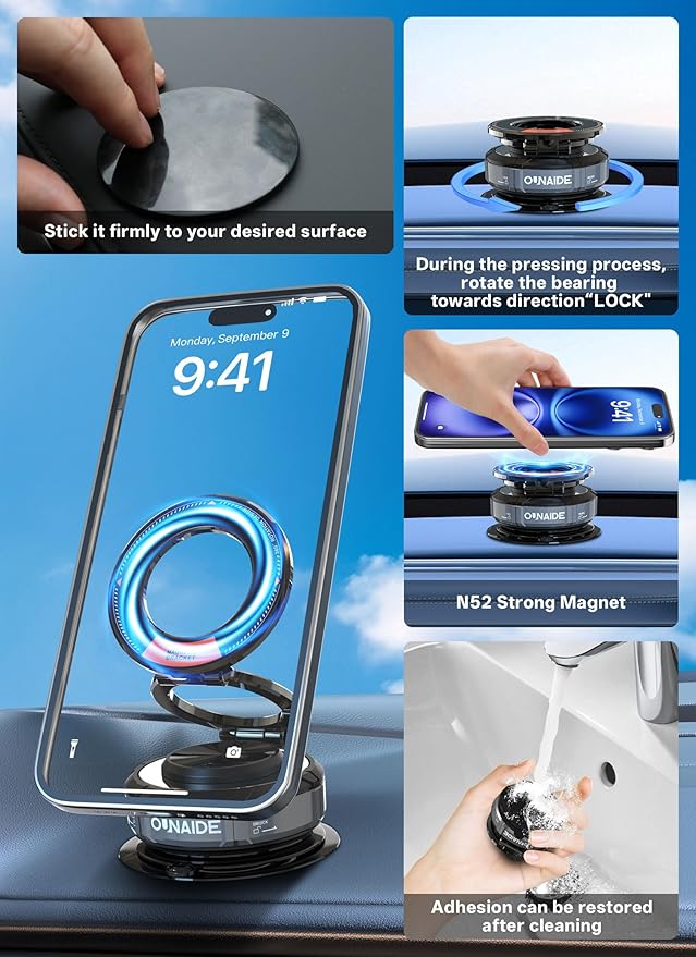 Magnetic Phone Holder for Car Heavy Duty Model 360° Adjustable Zinc Foldable Vacuum Suction Cup Phone Mount for Magsafe Cell Phone Holders for Your Car Accessories for iPhone 17-14,Gifts For Men Women