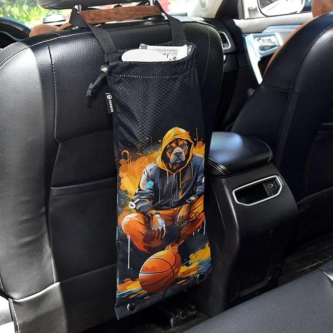 ALAZA Hanging Car Trash Bags Garbage Bag Trash Can for Back Seat Small Dog Basketball Washable Storage Bag Retractable 2 Pack
