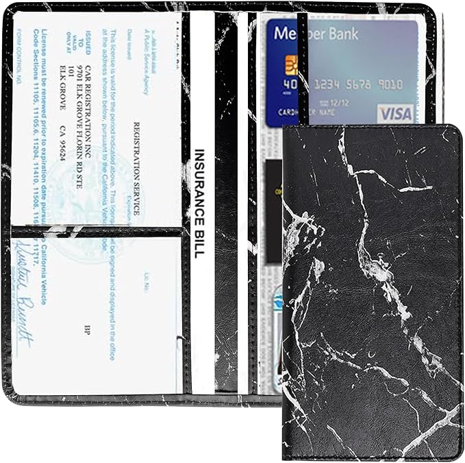 Vehicle Glove Box Car Organizer, Car Registration and Insurance Holder, Insurance Card Holder for Cars, Leather Card Holder Interior Auto Accessories for Women (Marble-Black/Large)
