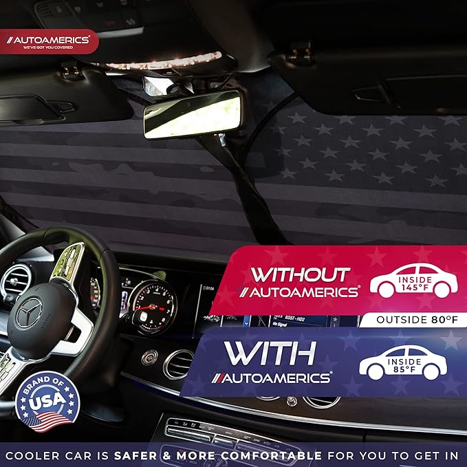 Autoamerics 1-Piece Windshield Sun Shade B&W Camo American Flag USA Design - Foldable Car Front Window Sunshade for Most Sedans SUV Truck - Blocks Max UV Rays and Keeps Your Vehicle Cool - Small
