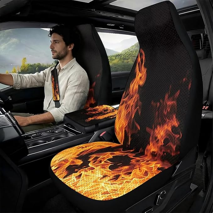 Psesaysky 5-Piece Leather Car Accessories Full Set, Cool Flames Front Seat Covers Set of 2, Armrest Cover, 2 Pieces Seat Belt Covers, Universal Fit, Easy Installation