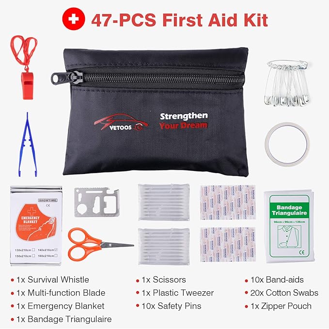 Car Roadside Emergency Kit with Jumper Cables, Auto Vehicle Safety Road Side Assistance Kits, Winter Car Kit for Women and Men, with Portable Air Compressor, First Aid Kit, Tow Rope, Multitool Plier