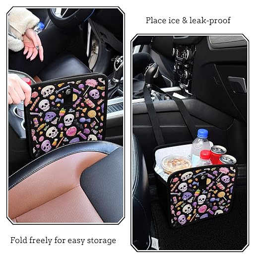 Car Trash Can Organizer Bin with Adjustable Strap for Back Front Seat Console Waterproof Leakproof Collapsible Portable 8.66 Inch Halloween Skulls Lollipops Candies