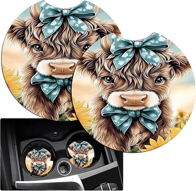 JANENFNA Car Armrest Cover Pads Universal Fashion Cute Auto Center Console Armrest Cover Pad with 2PCS Car Coasters Soft Waterproof Car Armrest Seat Protector for Women,Cow with Blue Bows-A