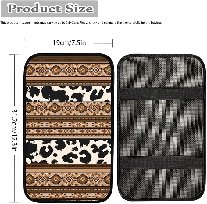 Browm Cow Aztec Auto Center Console Armrest Pad Dustproof Car Center Console Cover Seat Box Cover Cushion Aztec Car Accessories Decor for Sedan, Van, SUV, Truck