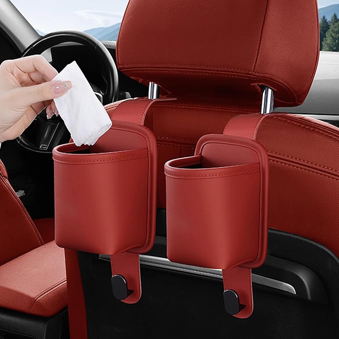2-Pack Car Seat Back Cup Holder Organizer, Faux Leather Car Cup Holders with Hooks, Universal Backseat Storage for Drinks, Bottles & Travel Accessories (Red)