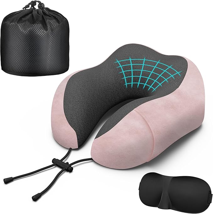 Phent zari Neck Travel Pillow, Upgraded Memory Foam Pillow for Airplane, Machine Washable, Adjustable Flight Pillow, Suitable for Sleeping Airplane, Car, Office and Home (Pink)