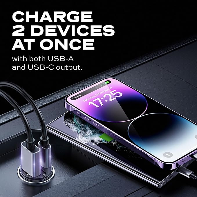 STATIK Dual Car Phone Charger for Cigarette Lighter Plug in, 12v - 24 V Fast Charging, Car Power Adapter for Type USB C and USB A Port, USBC Fast Charge for Cell Phone Automobile