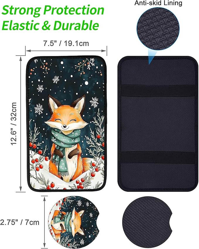 JANENFNA Car Armrest Cover Pads Universal Fashion Cute Auto Center Console Armrest Cover Pad with 2PCS Car Coasters Soft Waterproof Car Armrest Seat Protector for Women,Winter Fox