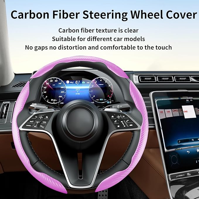 LevChall Carbon Fiber Steering Wheel Cover, 3-Piece Set Anti-Skid Comfortable Grip Segmented Butterfly Design, Easy Snap-On Installation Universal Fit 99% Cars, Pink