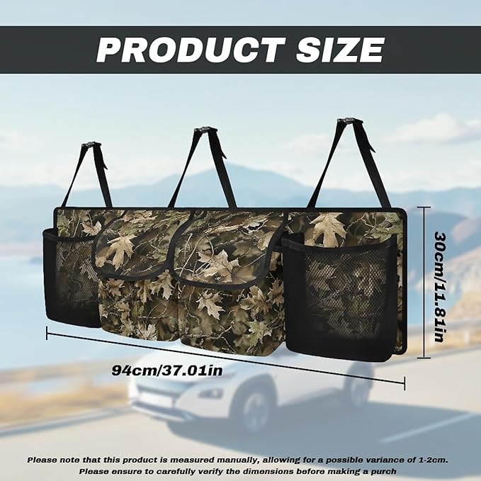CLOHOMIN Camo Hunting Trunk Organizer for Car Women Men Wood Trunk Hanging Organizer Backseat Bag Collapsible Auto Storage Accessories Interior with 2 Pockets 2 Mesh Pouches