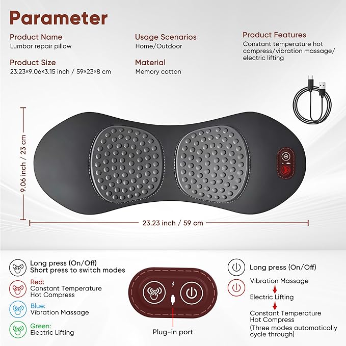3 in 1 Upadate Rechargeable Electric Lumbar Support Pillow with Adjustable Height for Bed and Chair,Back Massager with Heat,Back Massager for Pain Relief Deep Tissue,Waist Wedge Bolster (Black)