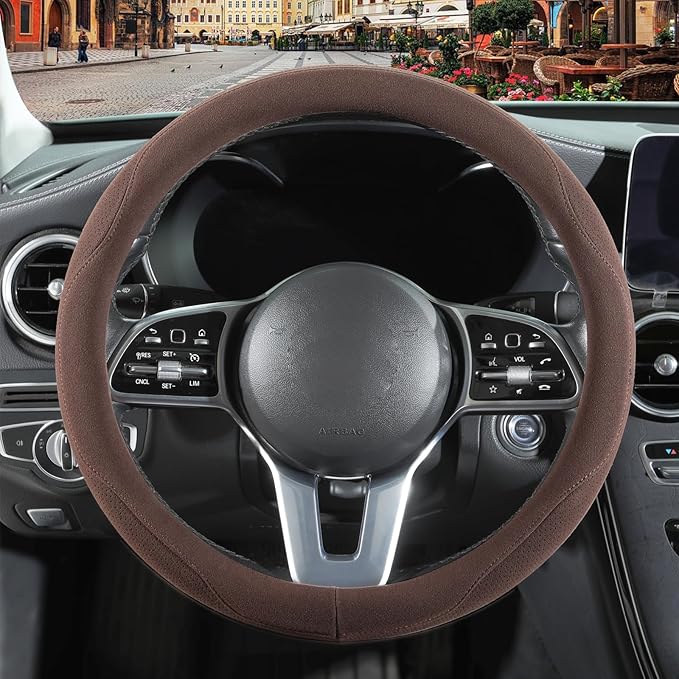 Brown Suede Steering Wheel Cover, Breathable Non-Slip Sweat-Proof Wear-Resistant No Pilling, Warm in Winter and Cool in Summer, Universal 15 inch