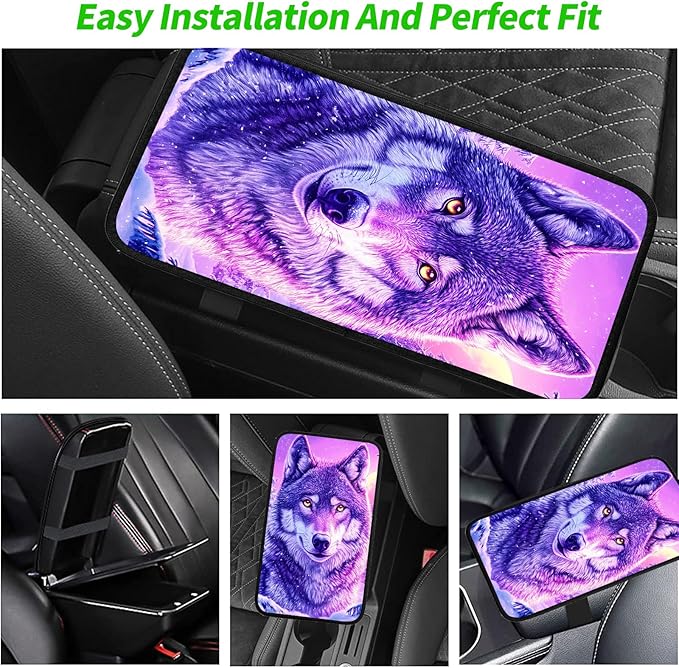 JANENFNA Car Armrest Cover Pads Universal Fashion Cute Auto Center Console Armrest Cover Pad with 2PCS Car Coasters Soft Waterproof Car Armrest Seat Protector for Women,Purple Snow Wolf
