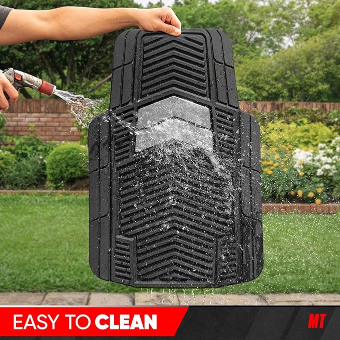 MotorTrend FlexTough Shield Black & Silver All-Weather Floor Mats for Car Truck SUV, Heavy Duty Waterproof Rubber Car Mats, Trim to Fit Car Accessories, Interior Protection Front Rear Floor Liners