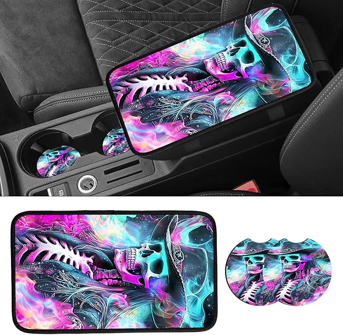 JANENFNA Car Armrest Cover Pads Universal Fashion Cute Auto Center Console Armrest Cover Pad with 2PCS Car Coasters Soft Waterproof Car Armrest Seat Protector for Women,Neon Skull Cowboy