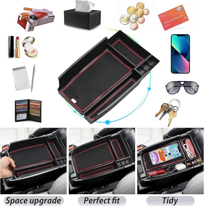 SKTU for 2021 2022 2023 2024 2025 Ford Bronco Sport Center Console Organizer for 2023 2024 2025 Ford Bronco Sport Accessories Insert ABS Black Materials Tray Armrest Secondary Storage Box (Red)
