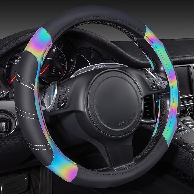 CAR PASS Line Rider Microfiber 13.5-14 Inch Leather Sporty Steering Wheel Cover Universal Fits for 95% Truck,SUV,Cars, Anti-Slip Safety Comfortable Desgin (Black Reflective)