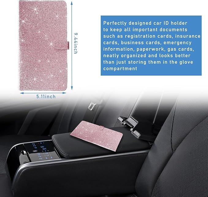 Ziciner Car Registration and Insurance Holder, Auto Card Document Glove Box Organizer with Magnetic Closure, Universal Vehicle Interior Accessories for Cars SUVs (Glitter Pink-Large)