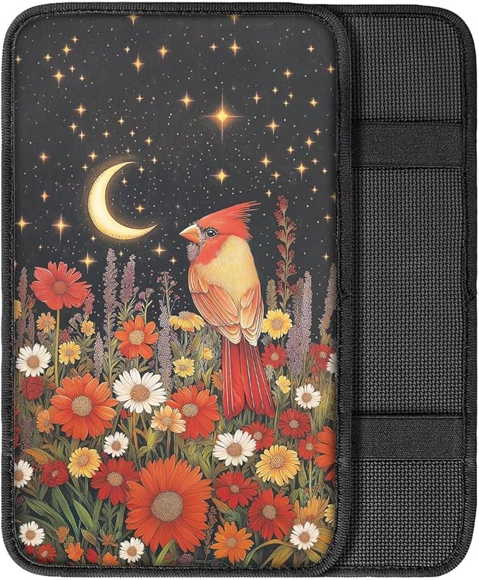 Cardinal Flower Print Armrest Cover Pad for Car Moon Star Print Car Armrest Box Protector Pad Universal Fits for Sedan Truck SUV, Easy to Install Auto Decor for Women Men