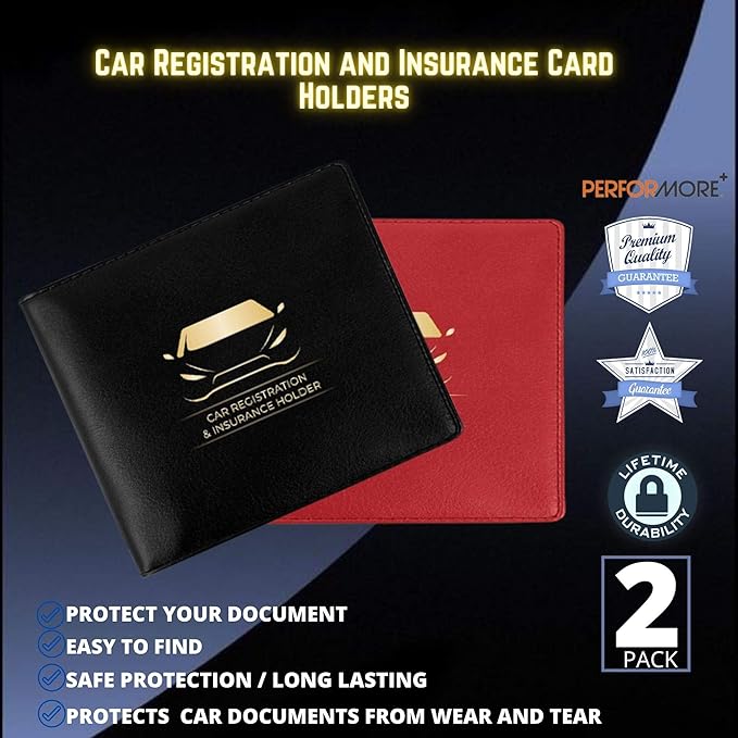 Performore Car Document Holder Wallets – Premium Organizer for Insurance and Registration Papers, 2 Clear Pockets with Strong Double-Sided Closure, Suitable for All Vehicles (2-Pack: 1 Black, 1 Red)