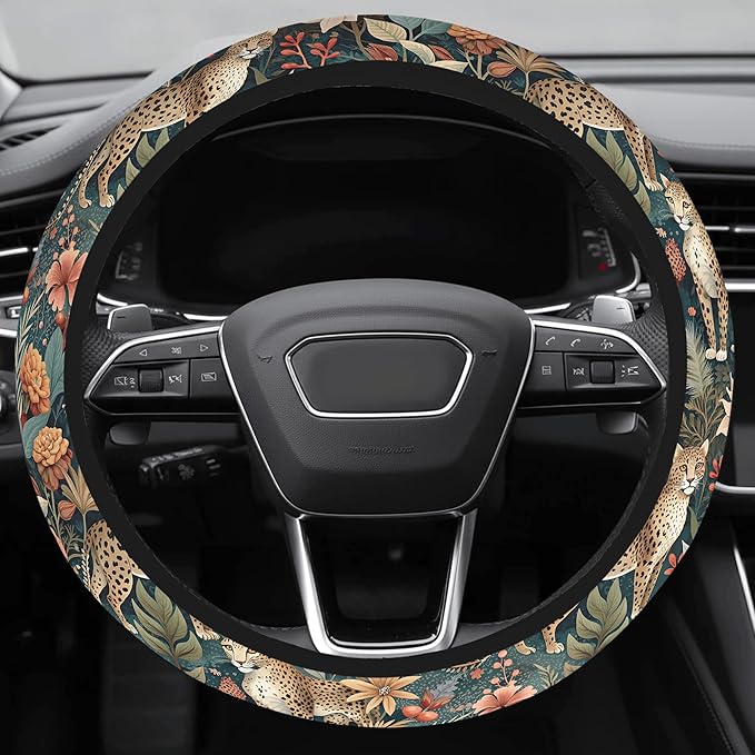 Cute Steering Wheel Cover for Women, Machine Washable Universal 14.5-15.5 inch Non-Slip Grip All Weather Use (Leopard Print)