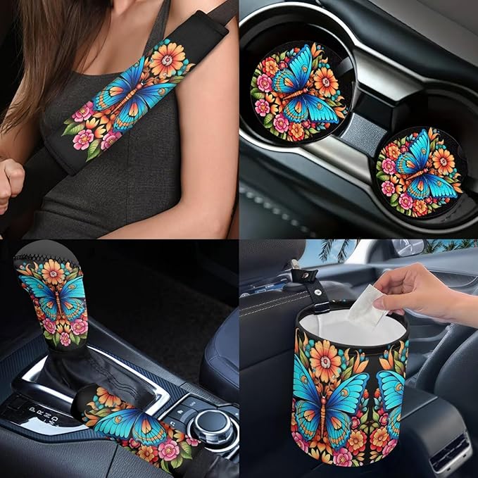 Dngkaoje Butterfly Flowers Car Seat Cover Set 13 Pcs Vintage Butterfly Print Car Interior Accessories Full Set for Women Auto Center Console Cover Pad,Hanging Trash Bag,Seatbelt Shoulder Pads