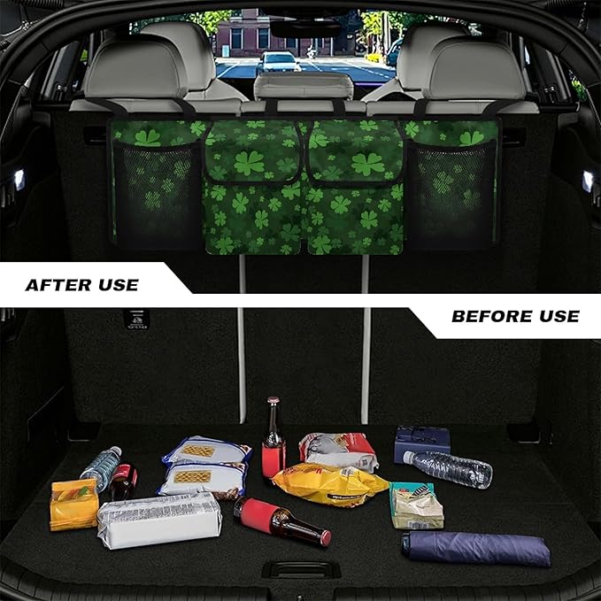 CLOHOMIN St. Patrick's Day Car Trunk Organizer SUV Trunk Organizer Green Leaf Car Backseat Storage Bag with 4 Pockets Hanging Backseat Organizer with Adjustable Straps Auto Accessories