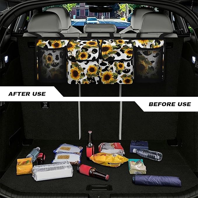 CLOHOMIN Cow Print Trunk Organizer for Car Sunflower Trunk Organizers for SUV Truck Van Collapsible Trunk Storage Organizer Backseat Hanging Car Organizer with 4 Pockets