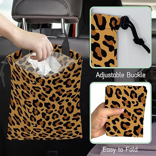 NHNXHWIA Brown Leopard Car Garbage Bag,Camouflage Waterproof Small Car Trash Bag Hanging Back of Seat,Drawstring Hanging Car Trash Bag with Adjustable Buckle for Car Accessories