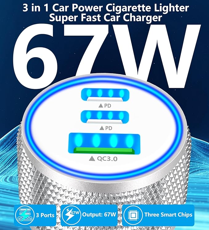 USB C Car Charger, Rombica 2Pack 3Port 67W Dual USB-C&USB-A Car Power Cigarette Lighter USB Charger 3 in 1 PD/QC Type C Car Charger Fast Charge for iPhone 17 17 Pro 16 15 14 13 12/Galaxy S26 S25/Pixel