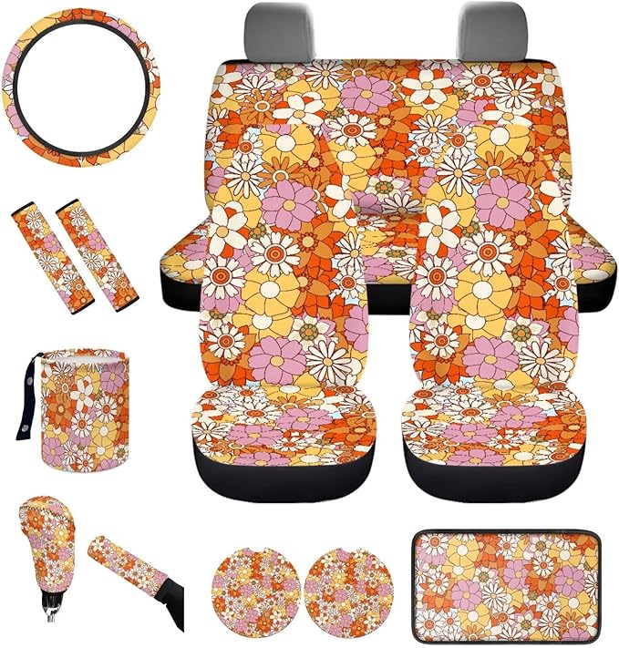 Dngkaoje Hippie Daisy Car Seat Cover Set 13 Pack Stylish Daisy Print Auto Front Rear Seat Protector Full Set Universal Car Accessories for Women with Seatbelt Pads,Steering Wheel Covers,Garbage Bin