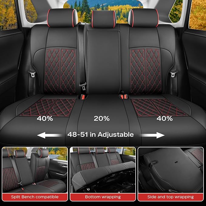 DuDuWang Seat Covers Custom Fit for 2024-2025 Tacoma Pickup Truck Seat Cover Protector Cushion with Faux Leather Waterproof (BlackRedLine, Full Set)